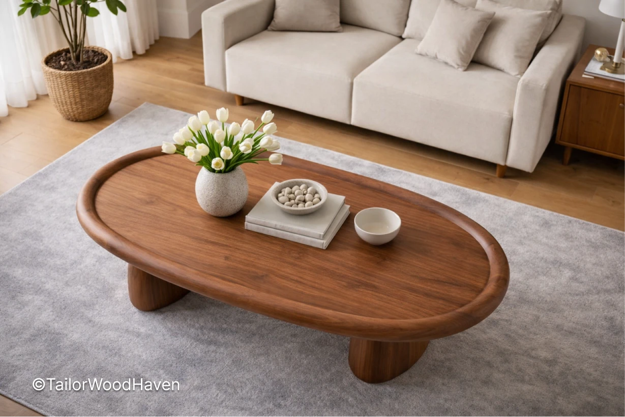 Solid wood large oval coffee table for living room with smooth top and sturdy build