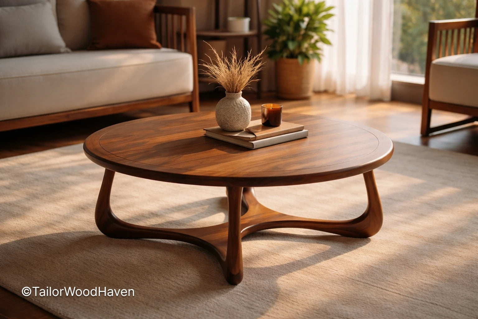 Brown oval coffee table with minimalist design and balanced proportions