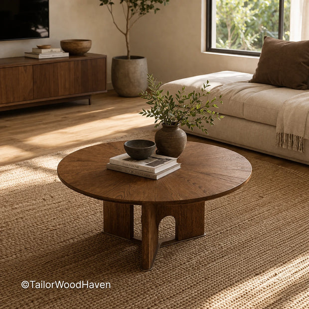 Round coffee table with brown wood finish and clean minimalist design