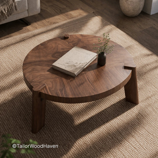 Solid round wood coffee table with clean edges and natural grain detail