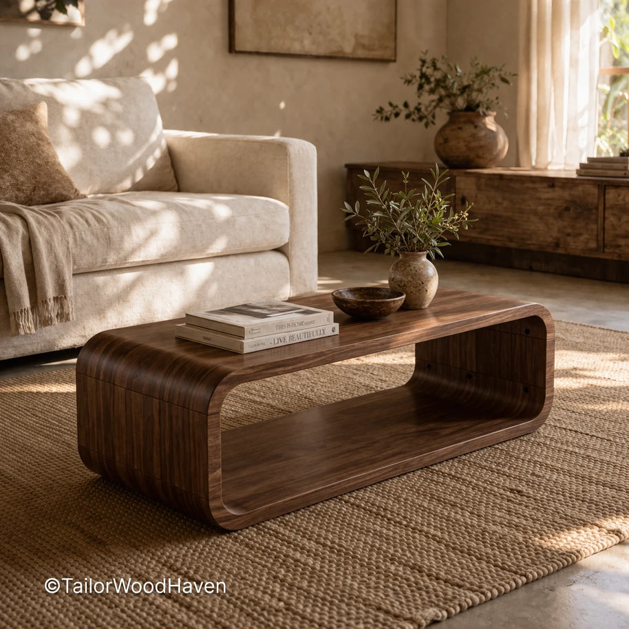 Large rectangular coffee table with wide surface and clean structured design