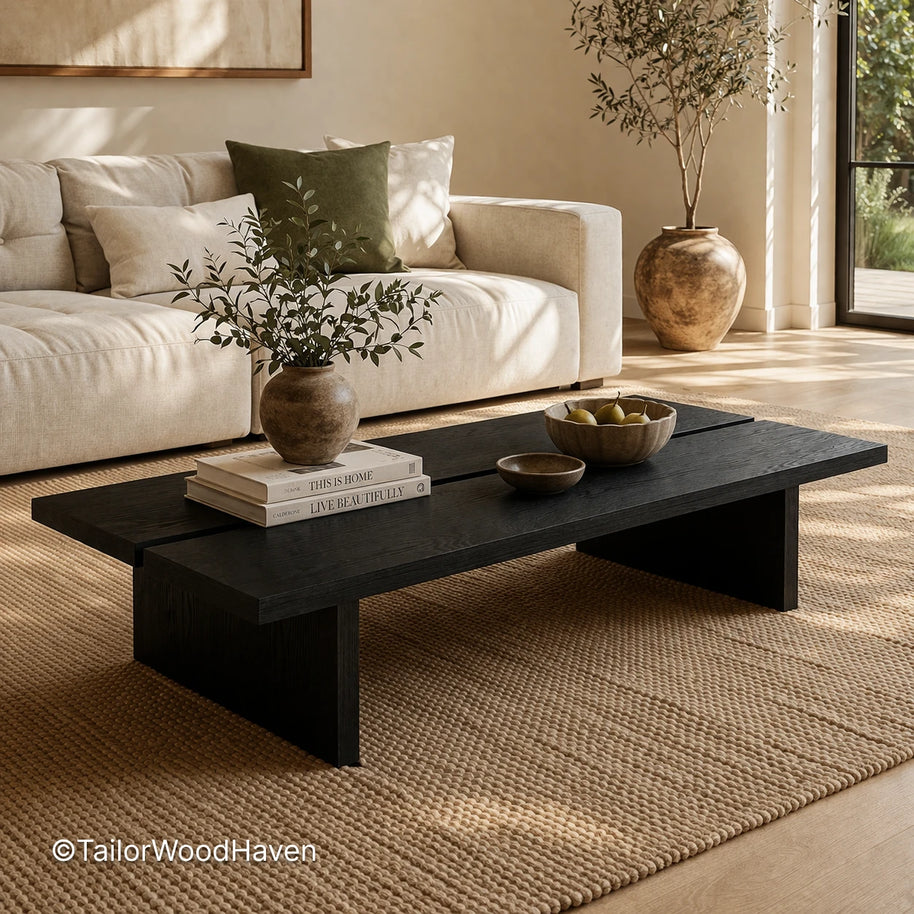 Modern black coffee table with rectangular top and sturdy construction