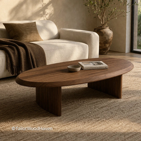 Oval solid wood coffee table with clean edges and natural grain detail