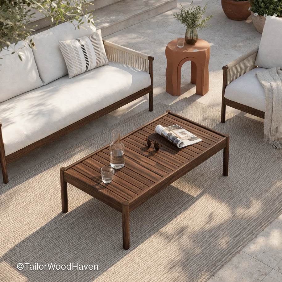 Rectangular patio coffee table with clean lines and durable wood surface