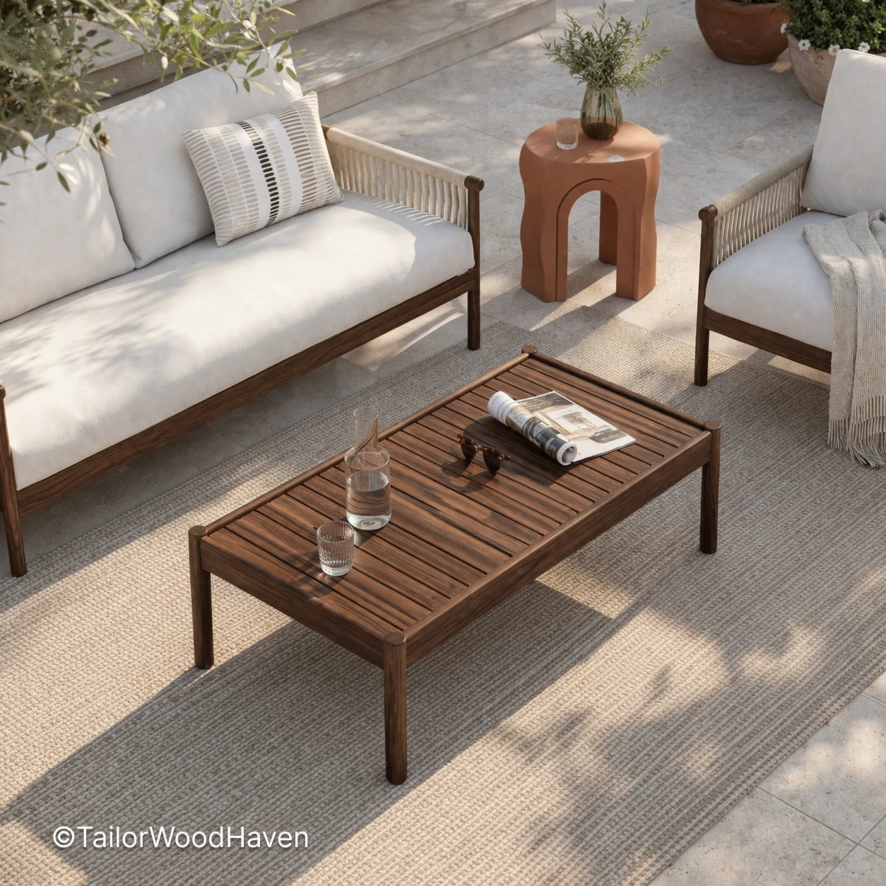Rectangular patio coffee table with clean lines and durable wood surface