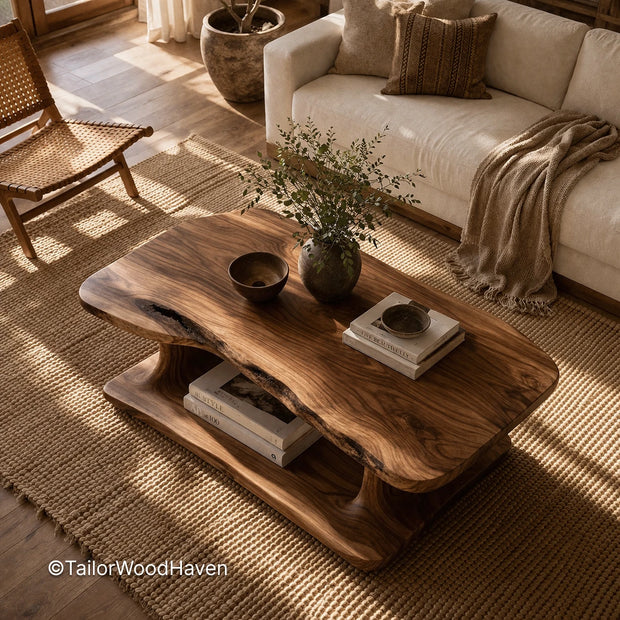 Rectangular solid wood coffee table with clean edges and natural grain detail