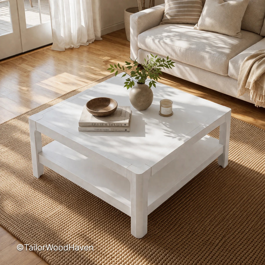 White rectangular coffee table with clean lines and bright minimalist design