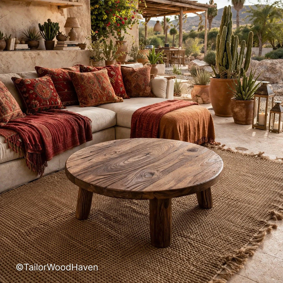 Round solid wood coffee table with smooth surface and natural grain, designed for everyday use in modern living spaces