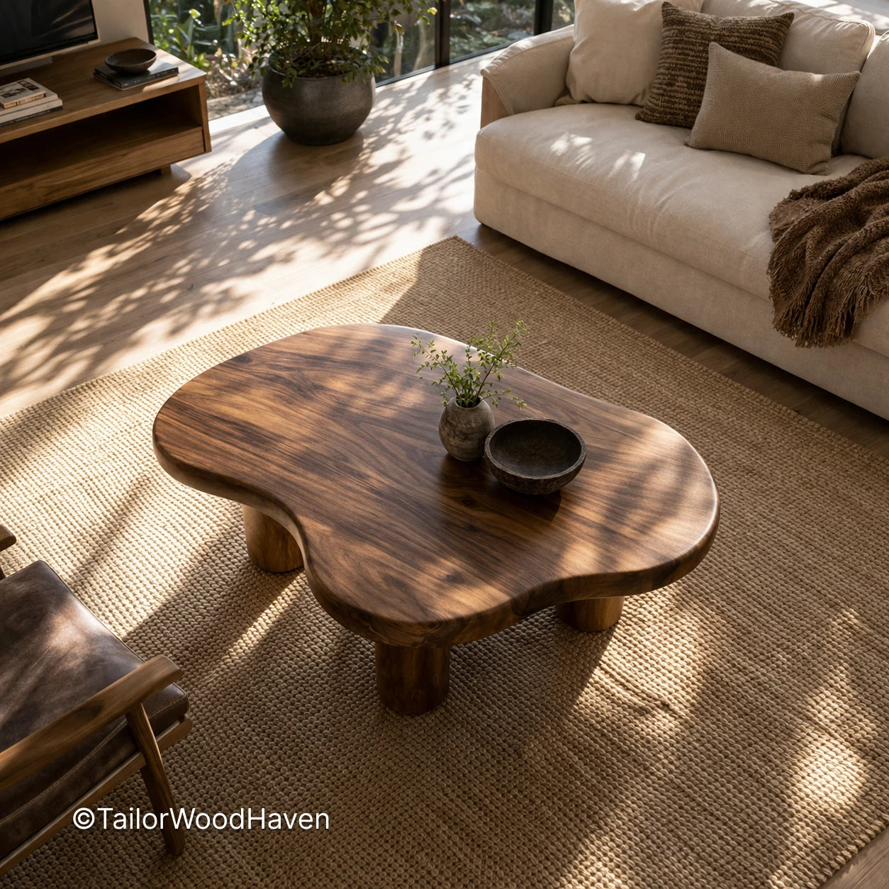 Circular solid wood coffee table with clean edges and natural grain detail
