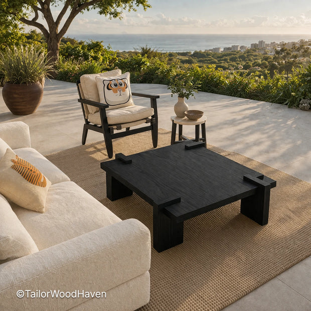 Black square coffee table with clean edges and modern minimalist design