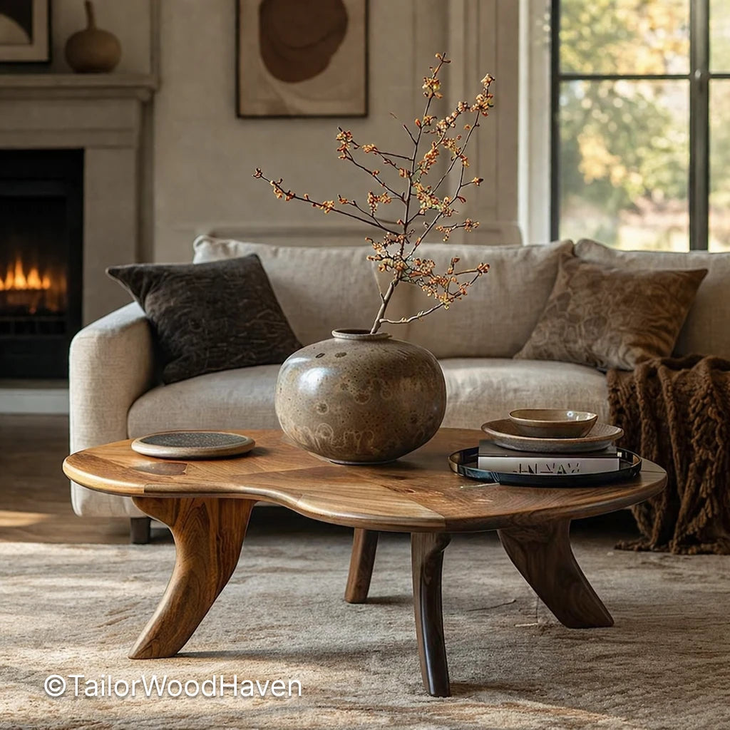 Mid century modern oval coffee table in solid wood with clean lines and smooth surface