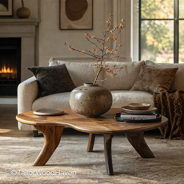Mid century modern oval coffee table in solid wood with clean lines and smooth surface
