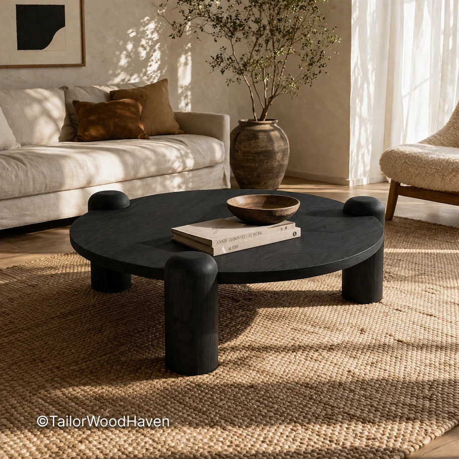 Dark round coffee table with solid wood construction and smooth surface