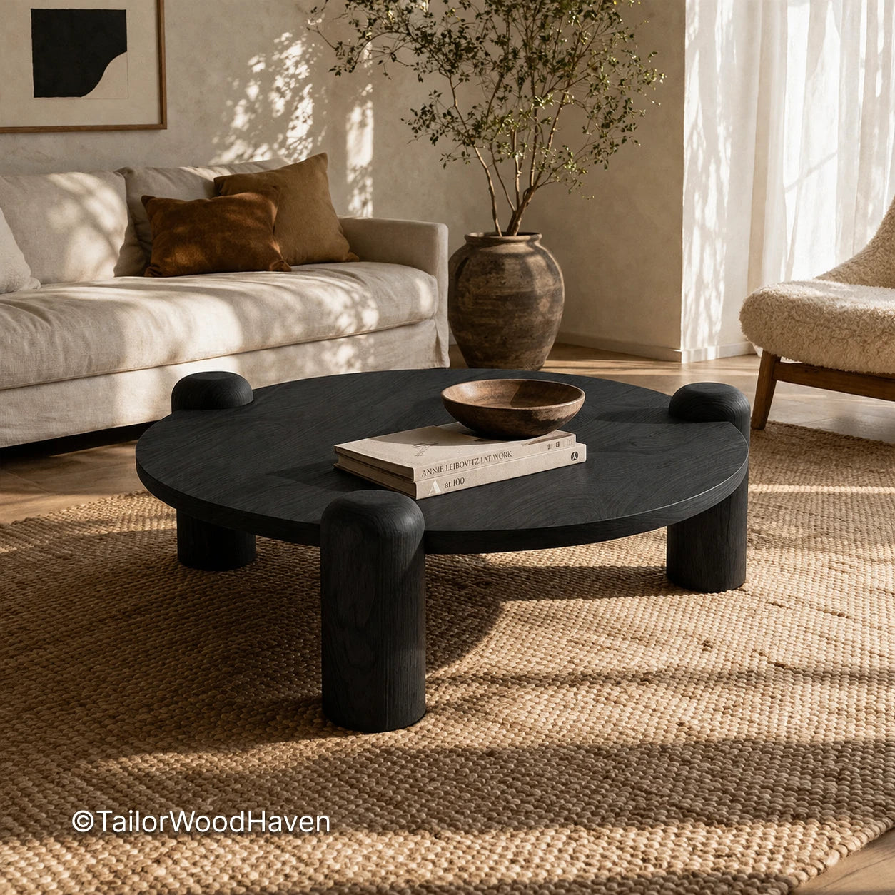 Dark round coffee table with solid wood construction and smooth surface