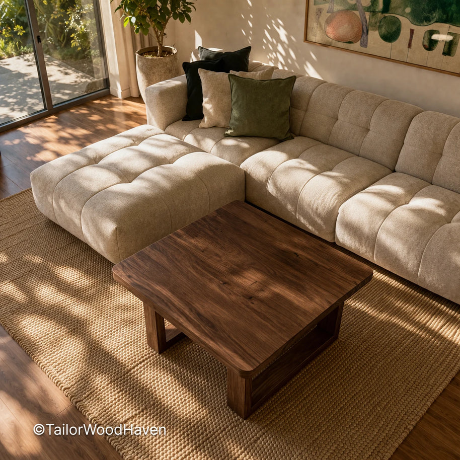36 inch square coffee table with clean edges and balanced proportions