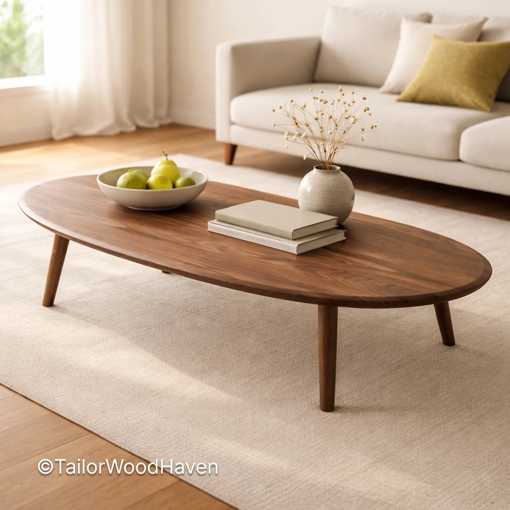 Modern oval coffee table with natural wood grain and durable smooth finish