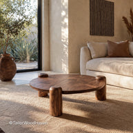 Walnut wood round coffee table with rich grain detail and balanced shape