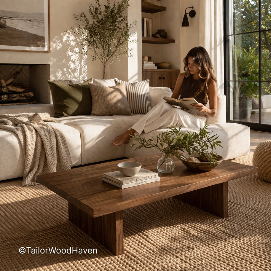 Brown rectangular coffee table with clean lines and warm wood tone