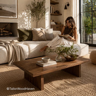 Brown rectangular coffee table with clean lines and warm wood tone