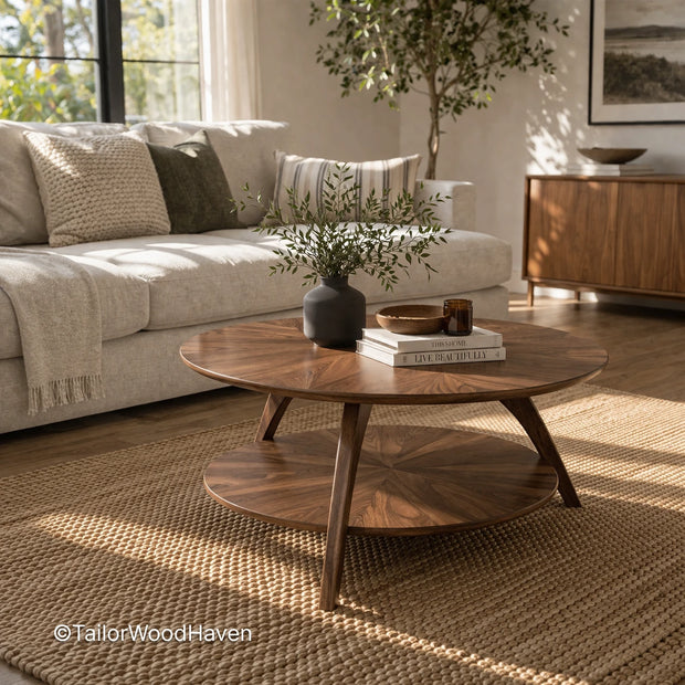 Living room round coffee table with clean design and smooth surface in a modern space