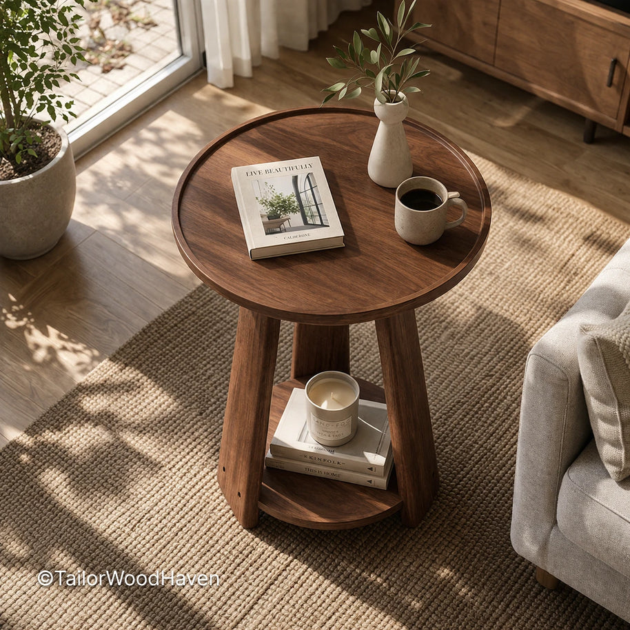 Small round table with compact design and smooth surface in a cozy living space