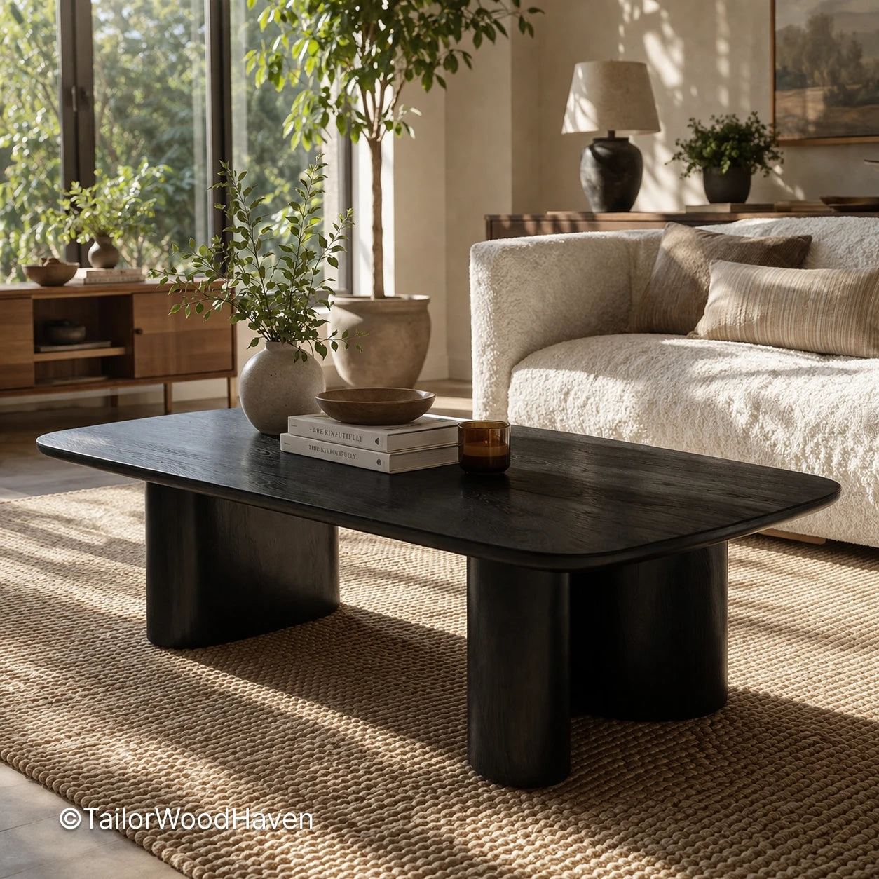 Black wood rectangular coffee table with clean lines and modern design