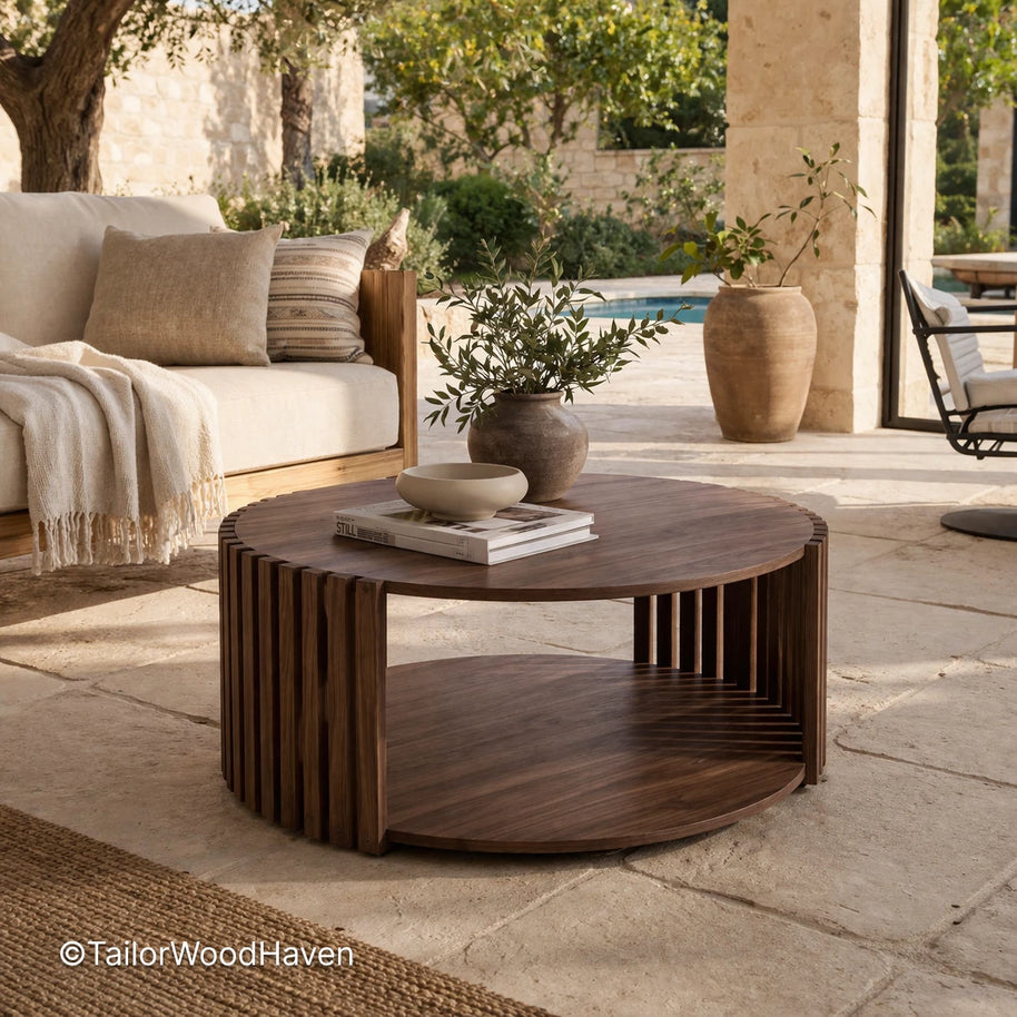 Round hardwood coffee table with natural wood grain and smooth durable surface