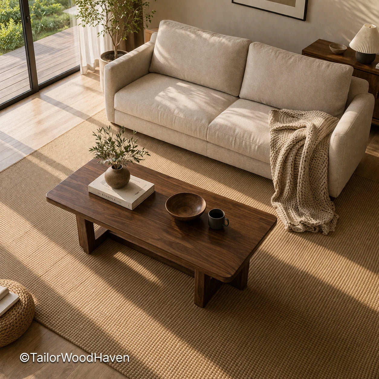 Rectangular wood coffee table with natural grain and clean structured design