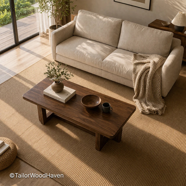 Rectangular wood coffee table with natural grain and clean structured design