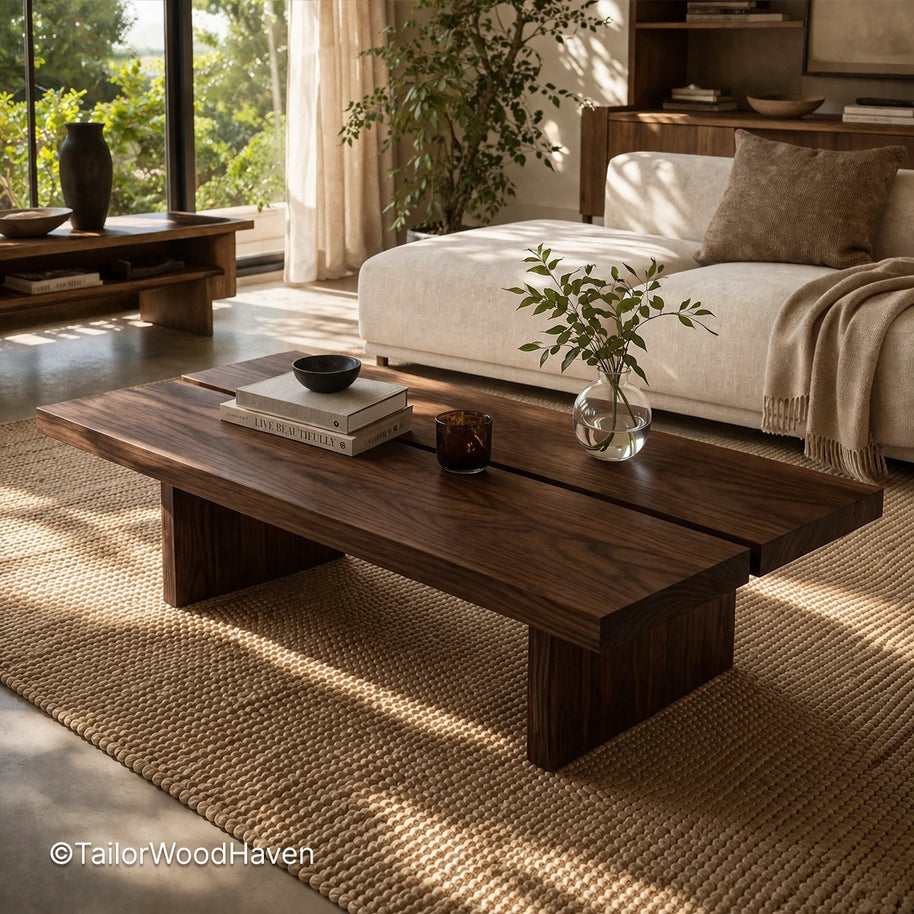 Dark wood rectangular coffee table with clean lines and structured design