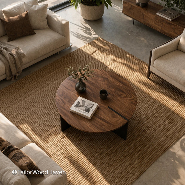 36 inch round coffee table with solid wood construction and natural grain