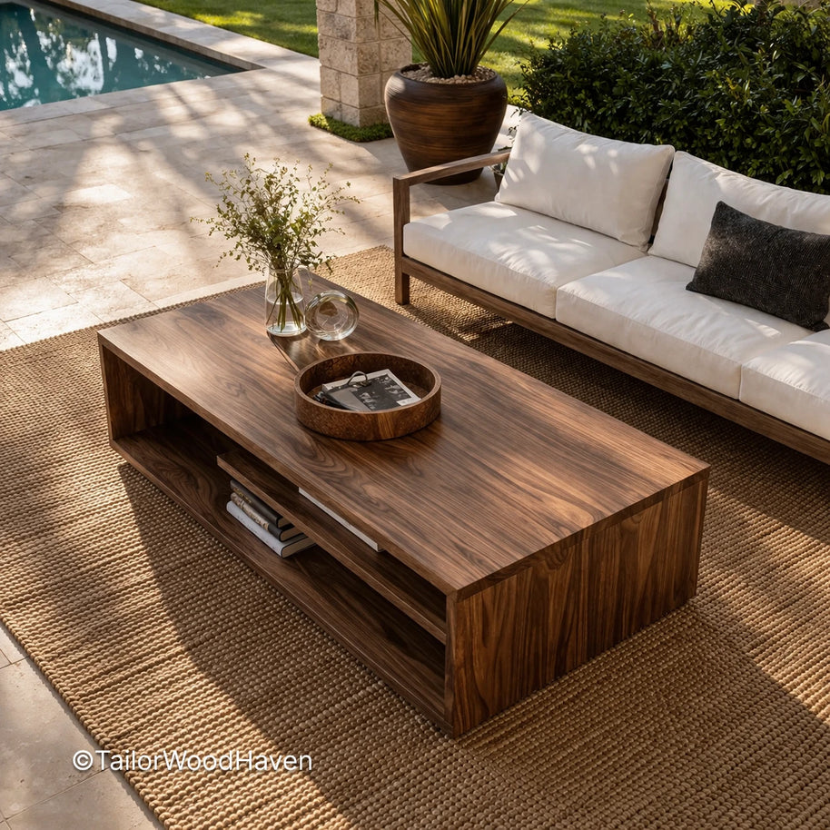 Minimal hardwood coffee table with square tabletop and sturdy construction