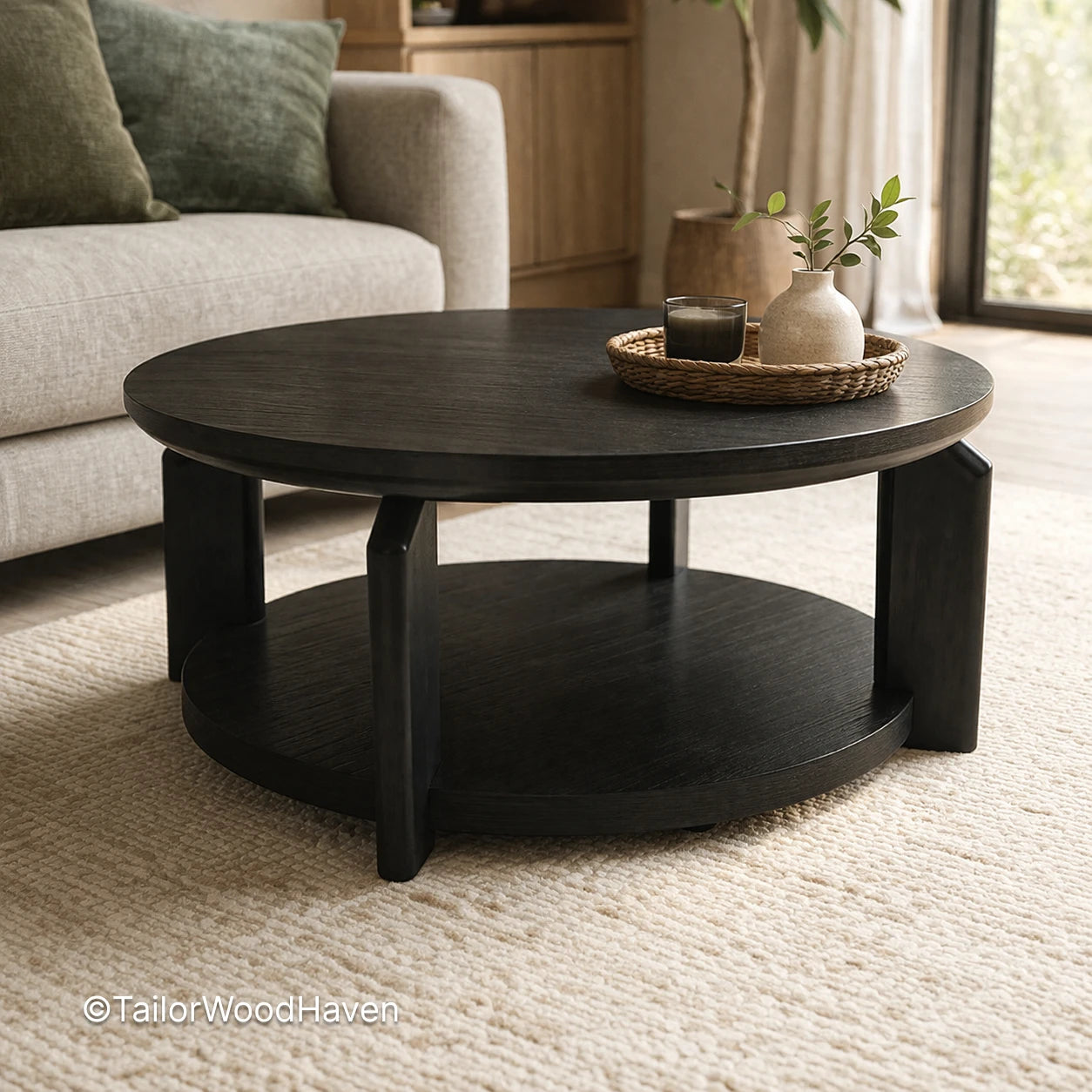 Round black wood coffee table with clean design and smooth surface in a modern living room