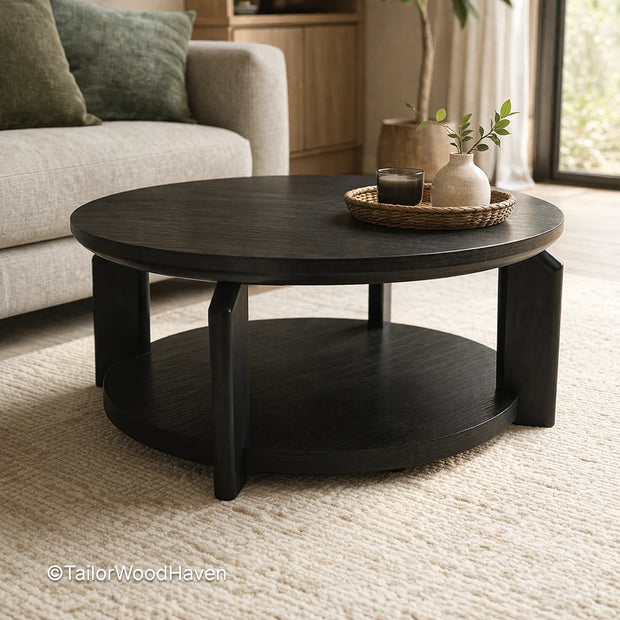 Round black wood coffee table with clean design and smooth surface in a modern living room
