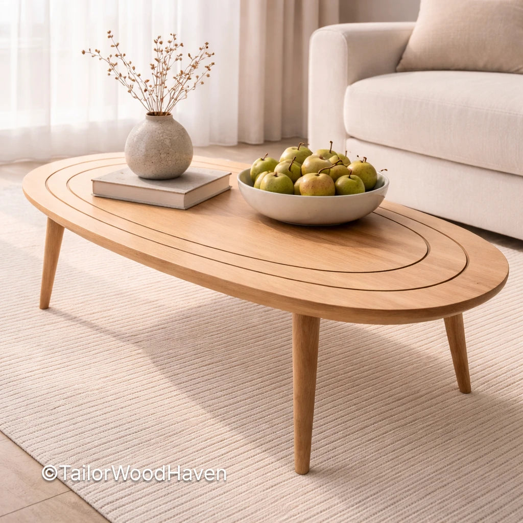Wooden coffee table with a bowl of apples and a vase in a living room setting.