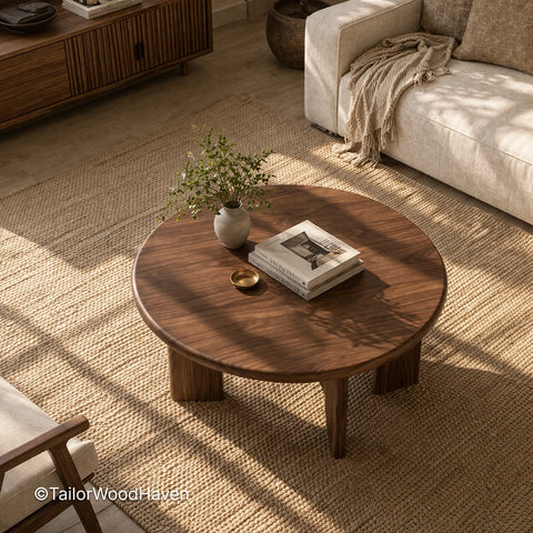 Solid wood round coffee table with natural grain and smooth surface