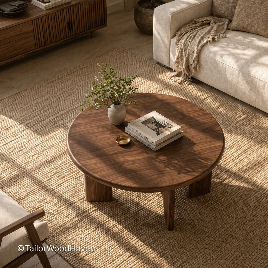 Solid wood round coffee table with natural grain and smooth surface