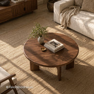 Solid wood round coffee table with natural grain and smooth surface