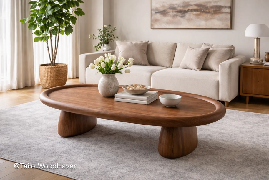 Large oval coffee table for living room designed for open layouts and daily use