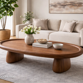 Large oval coffee table for living room designed for open layouts and daily use