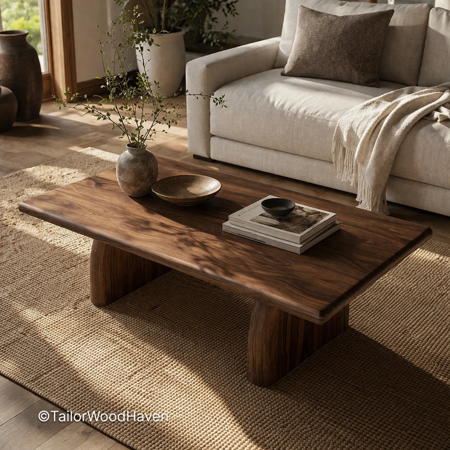 Rectangular solid wood coffee table with clean edges and natural grain detail