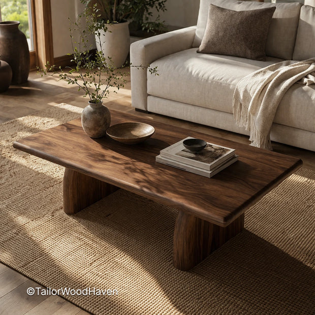 Rectangular solid wood coffee table with clean edges and natural grain detail