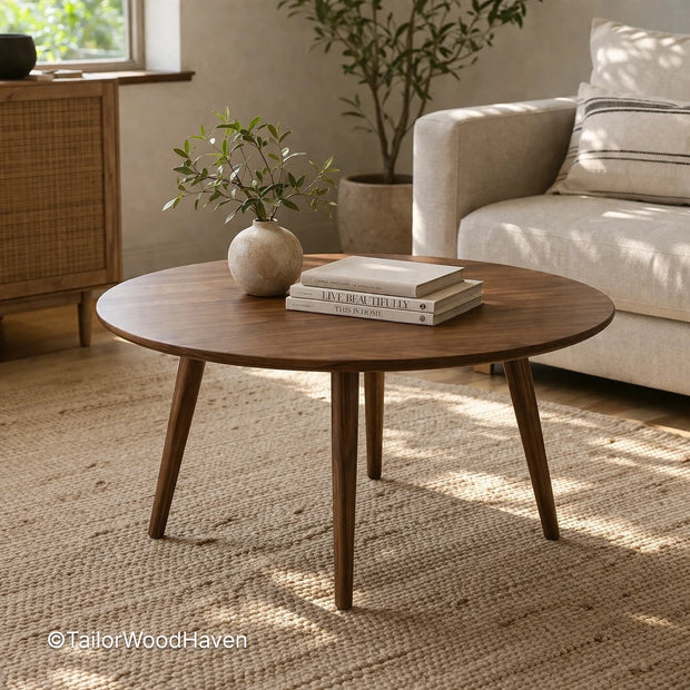 Mid century modern round coffee table with solid wood and natural grain