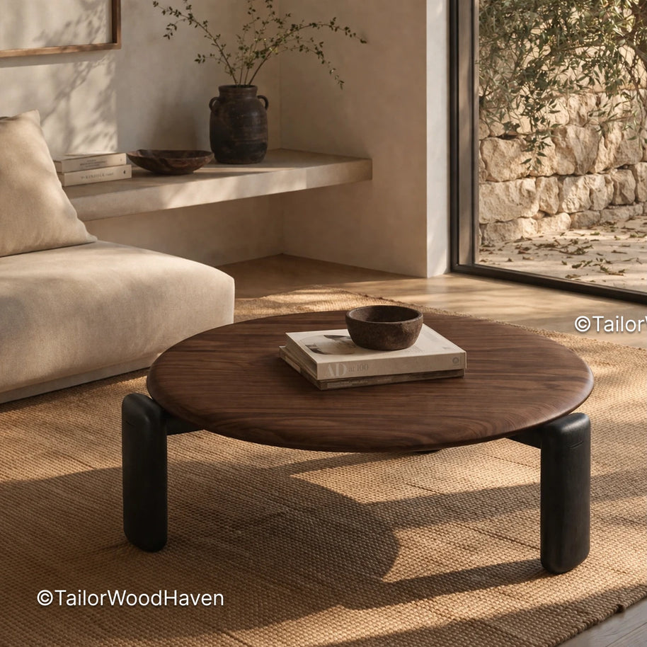 30 inch round coffee table with solid wood construction and natural grain