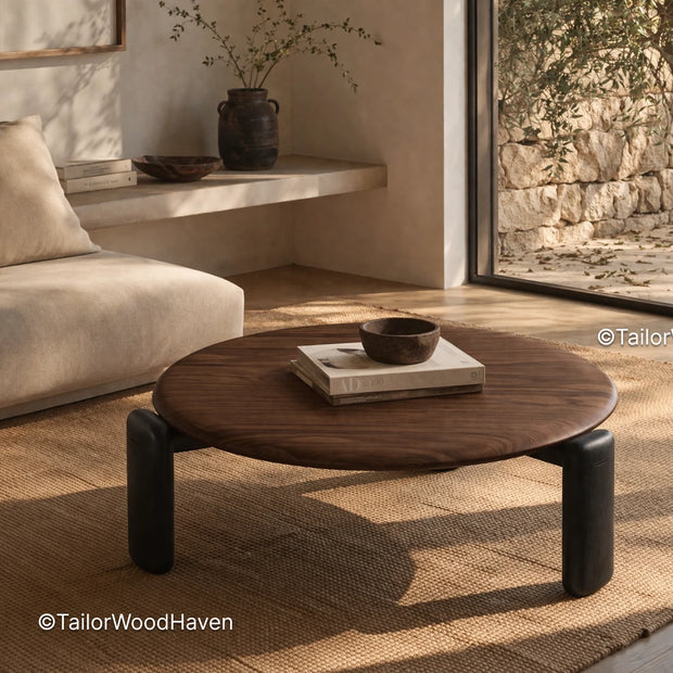 30 inch round coffee table with solid wood construction and natural grain