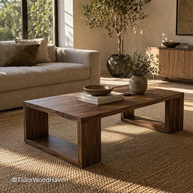 Natural solid wood coffee table with visible grain and clean edges