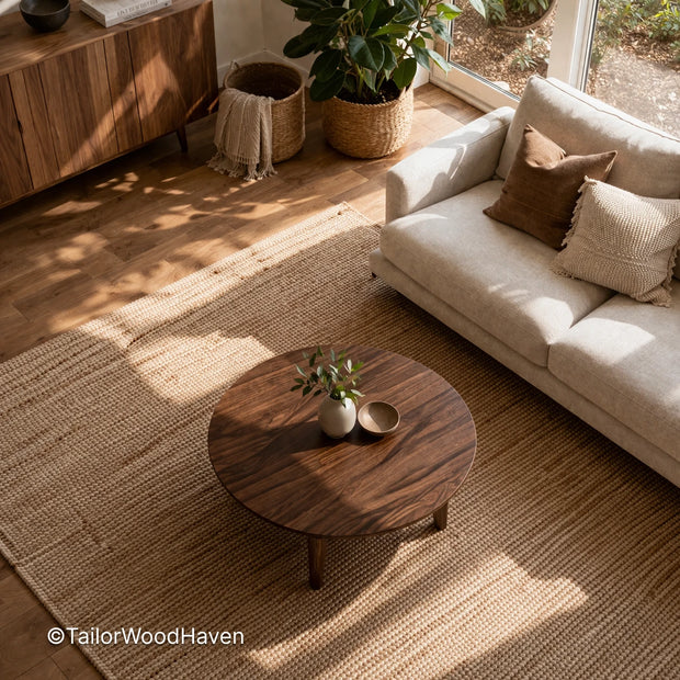 Contemporary round coffee table with minimalist design and natural wood grain