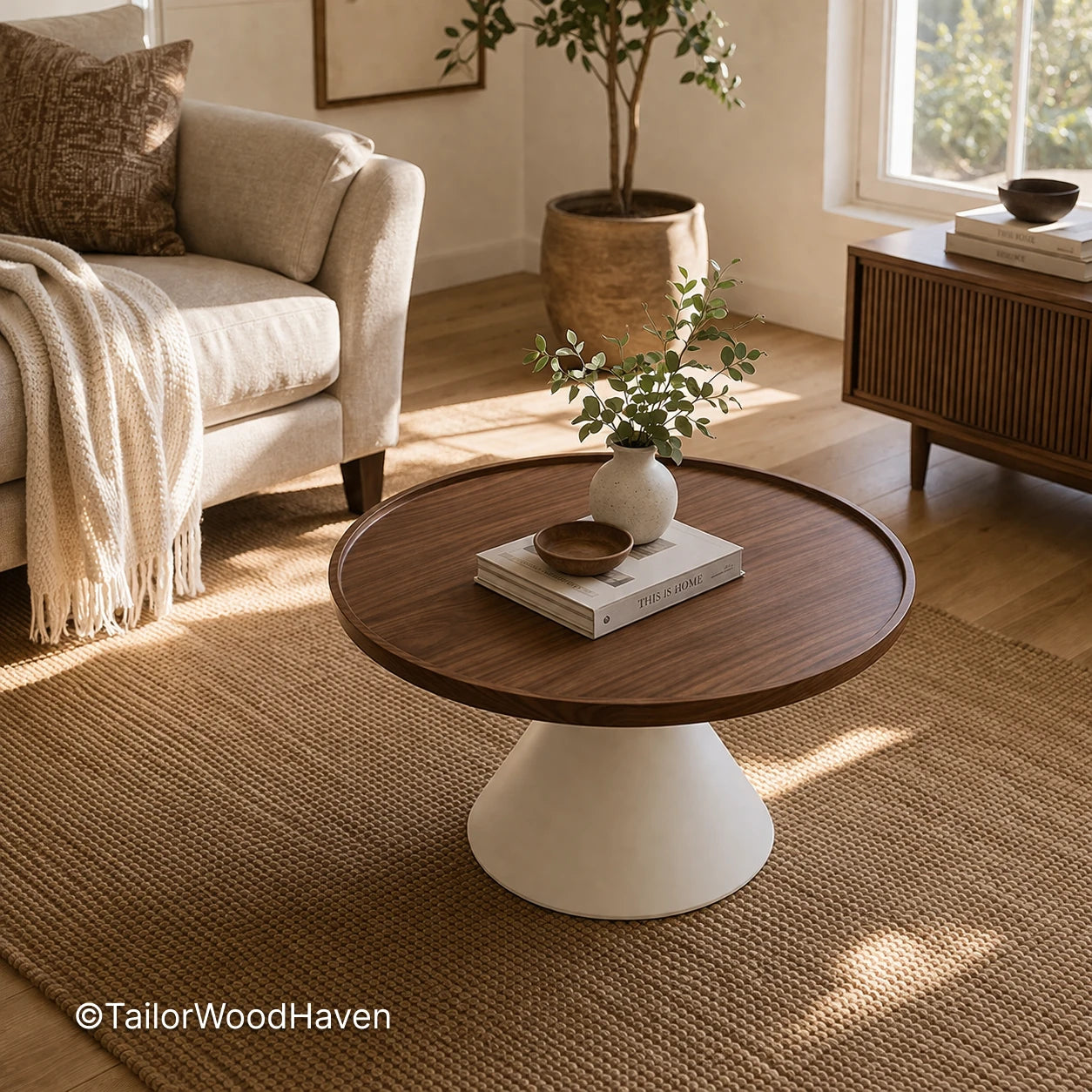Huge round coffee table with wide surface and clean design in a spacious living room