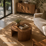 Round living room table with solid wood construction and natural grain