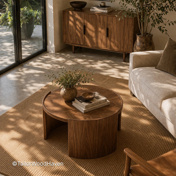 Round living room table with solid wood construction and natural grain